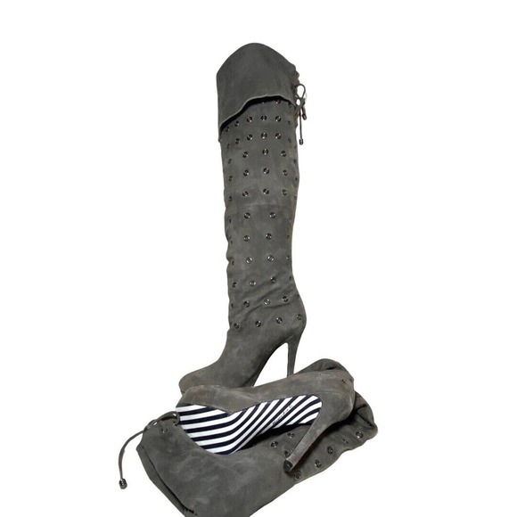 Alexandra G Riveted Tall Tie back Over The Knee Stiletto Grey Suede Boots NWOB - Picture 1 of 9